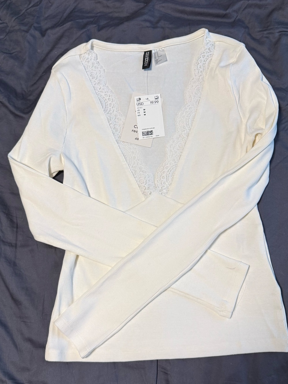 H&M Cream Lace-Trim Long Sleeve Ribbed Chemise Top